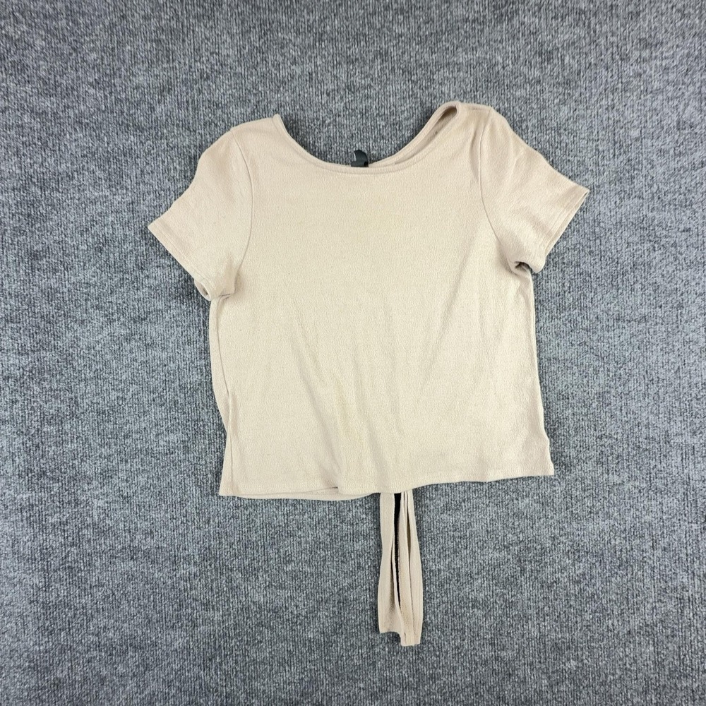 Alya Shirt Womens Medium Beige Open Back Tie Hem Short Sleeve Crop Knit Top